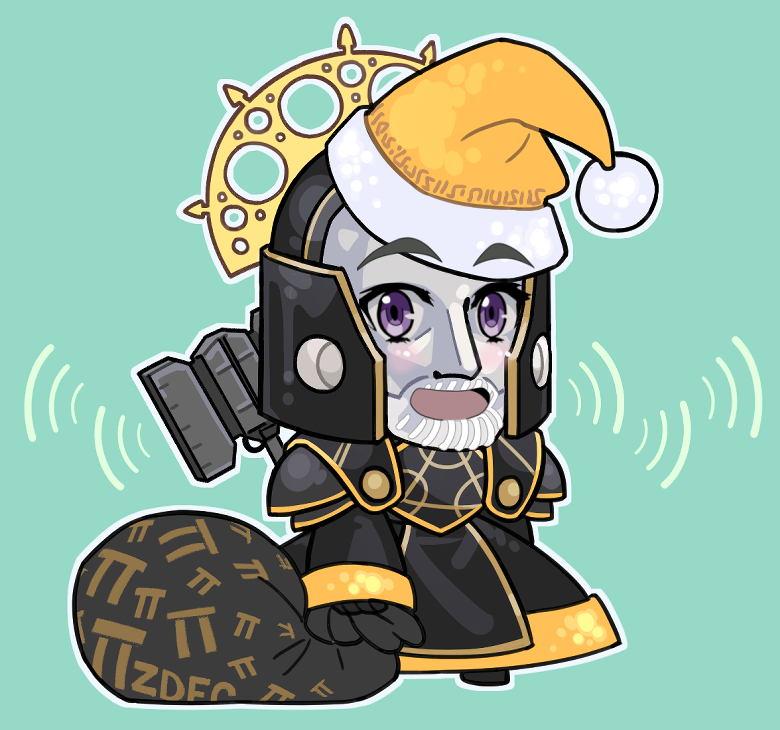 ryouhiko ankuu, chaika trabant, e.y.e: divine cybermancy, hitsugi no chaika, commentary, english commentary, 1boy, aqua background, arch, armor, beard, black armor, black robe, blush, body armor, chibi, chibi only, facial hair, gift bag, hat, helmet, holding, holding sack, jitome, mask, meme, mentor (e.y.e: divine cybermancy), open mouth, outline, padoru (meme), parody, purple eyes, robe, sack, santa hat, smile, solo, thick eyebrows, war hammer, weapon, weapon on back, white outline, yellow hat
