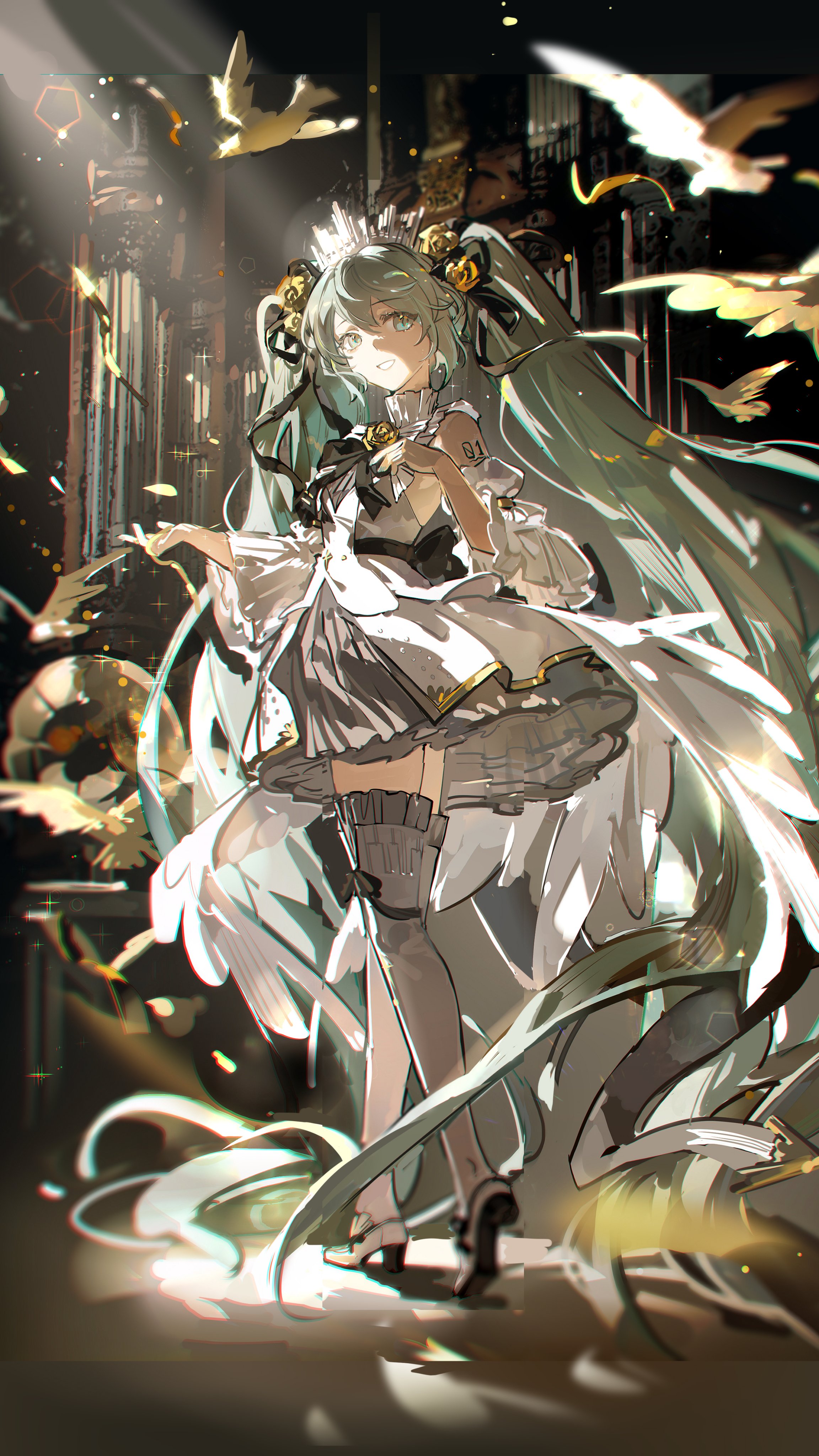 mento, hatsune miku, miku symphony (vocaloid), vocaloid, absurdres, highres, 1girl, absurdly long hair, aqua eyes, aqua hair, back bow, bare shoulders, bird, black bow, black ribbon, black theme, blurry, bow, bow legwear, breasts, brown theme, choppy bangs, chromatic aberration, church, column, cupping hand, depth of field, detached sleeves, dress, eyelashes, facing viewer, flock, flower, frilled thighhighs, frills, front slit, full body, glint, gold theme, gold trim, golden rose, grey skirt, hair between eyes, hair bow, hair flower, hair ornament, hand on own chest, hands up, high collar, indoors, instrument, lens flare, light particles, light rays, limited palette, loafers, long hair, looking afar, looking back, neck flower, neck ribbon, number tattoo, parted lips, petticoat, phonograph, pillar, pipe organ, pleated skirt, pleated sleeves, puffy short sleeves, puffy sleeves, ribbon, rose, shoes, short sleeves, shoulder tattoo, sidelighting, sidelocks, sideways glance, silver tiara, skirt, small breasts, smile, solo, standing, streamers, table, tareme, tattoo, thighhighs, tiara, tie clip, turning head, twintails, very long hair, walking, warm colored, wavy hair, white bird, white dress, white shoes, white sleeves, white theme, white thighhighs, wide sleeves, zettai ryouiki