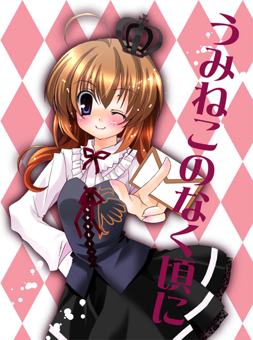 takatori umi (artist), ushiromiya maria, umineko no naku koro ni, 00s, 1girl, argyle background, argyle clothes, between fingers, black dress, blush, brown hair, copyright name, crown, dress, female focus, hand on own hip, holding, letter, long hair, one eye closed, purple eyes, smile, solo