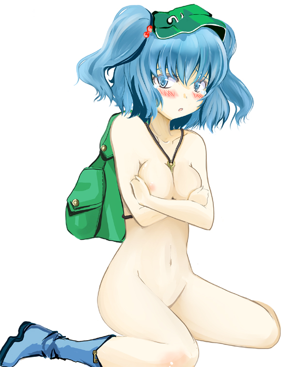 takaharu, kawashiro nitori, touhou, 1girl, breasts, breasts squeezed together, female focus, hair bobbles, hair ornament, medium breasts, nude, solo, two side up