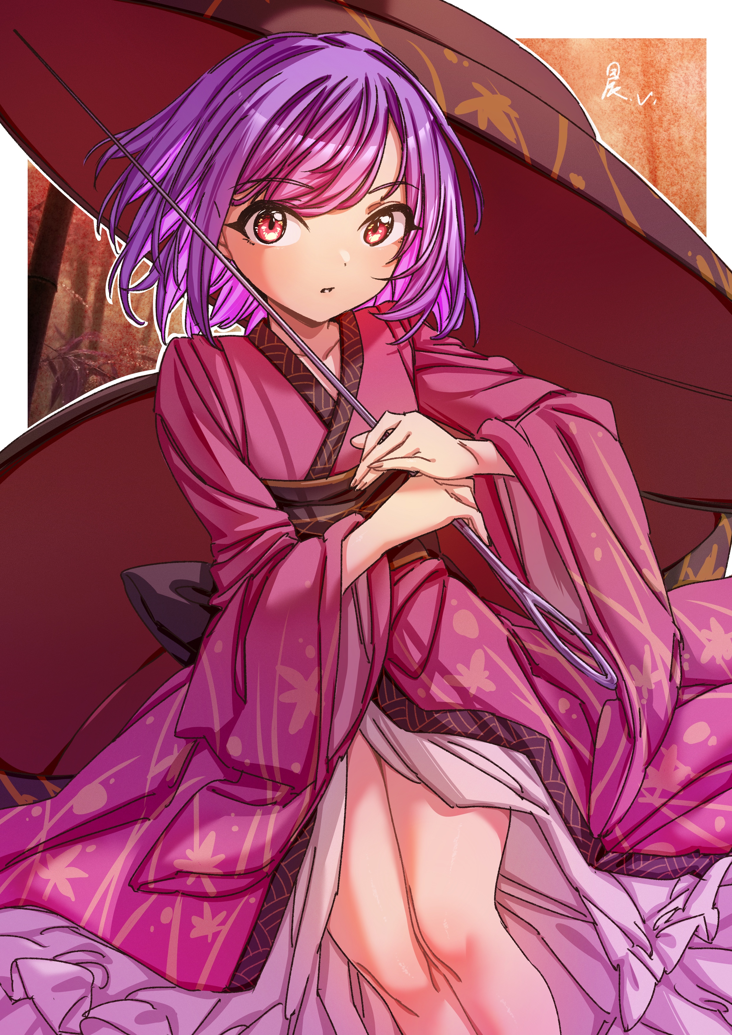 sukuna shinmyoumaru, touhou, absurdres, commentary, highres, 1girl, back bow, black bow, black sash, bow, bowl, collarbone, dashazi26944690, feet out of frame, holding, holding needle, japanese clothes, kimono, knees, leaf print, medium hair, mini person, minigirl, needle, needle sword, parted lips, print kimono, purple hair, red eyes, red kimono, sash, sauce, solo, thighs