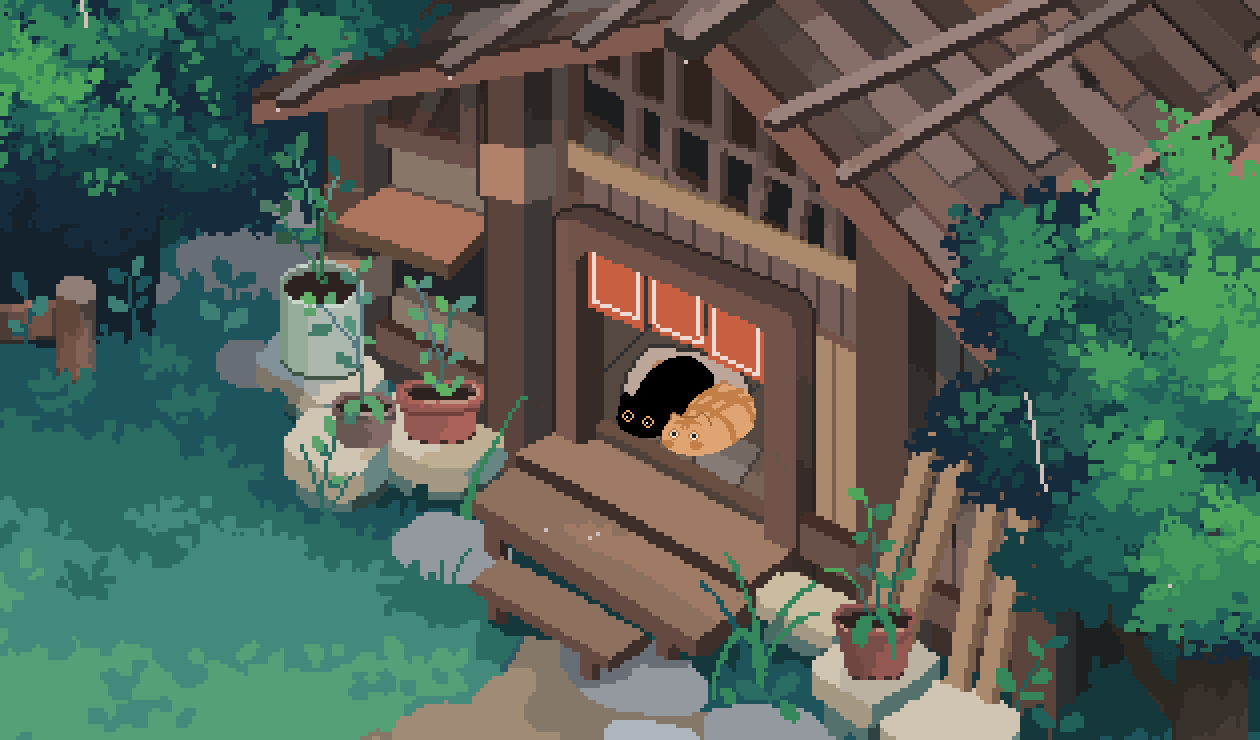 decomposedmaw, original, animated, animated gif, commentary, tagme, abandoned, animal focus, cat, no humans, o o, pixel art, pixelated, plant, potted plant, rain, scenery, tree, watching, wind