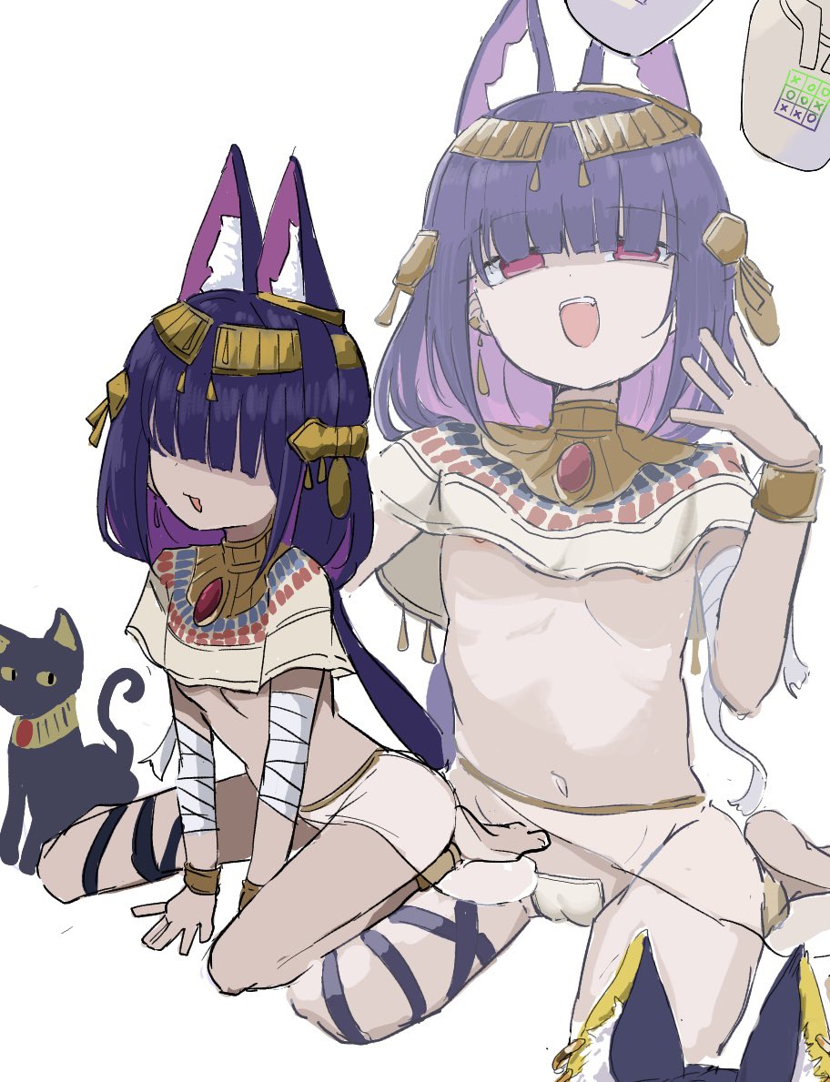bone hiko, bastet (mythology), egyptian mythology, original, ancient egyptian, ancient egyptian clothes, animal ears, black hair, cat, cat ears, cat girl, cat tail, dark skin, extra ears, hair over eyes, jewelry, simple background, sitting, tail