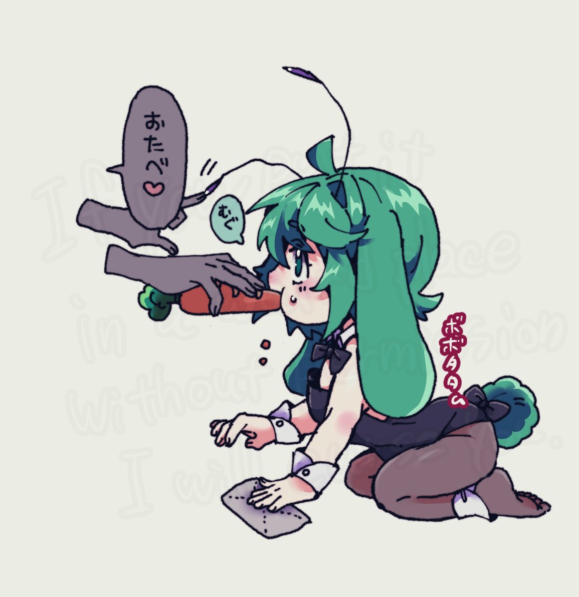 bobotatamu, wriggle nightbug, touhou, commentary request, translation request, 1girl, 1other, alternate costume, animal ears, antennae, black bow, black bowtie, black leotard, bow, bowtie, breasts, brown pantyhose, carrot, collar, detached collar, feeding, floppy ears, full body, green eyes, green hair, grey background, kemonomimi mode, leotard, open mouth, pantyhose, playboy bunny, rabbit ears, rabbit tail, seiza, short hair, simple background, sitting, small breasts, solo focus, strapless, strapless leotard, tail, white collar, wrist cuffs