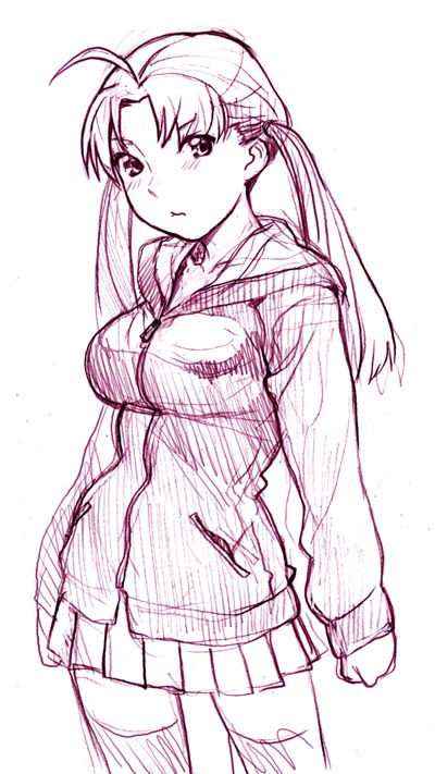 nekomata naomi, original, 1girl, blush, female focus, long hair, long sleeves, miniskirt, monochrome, purple theme, sketch, skirt, solo, thighhighs, twintails, zettai ryouiki