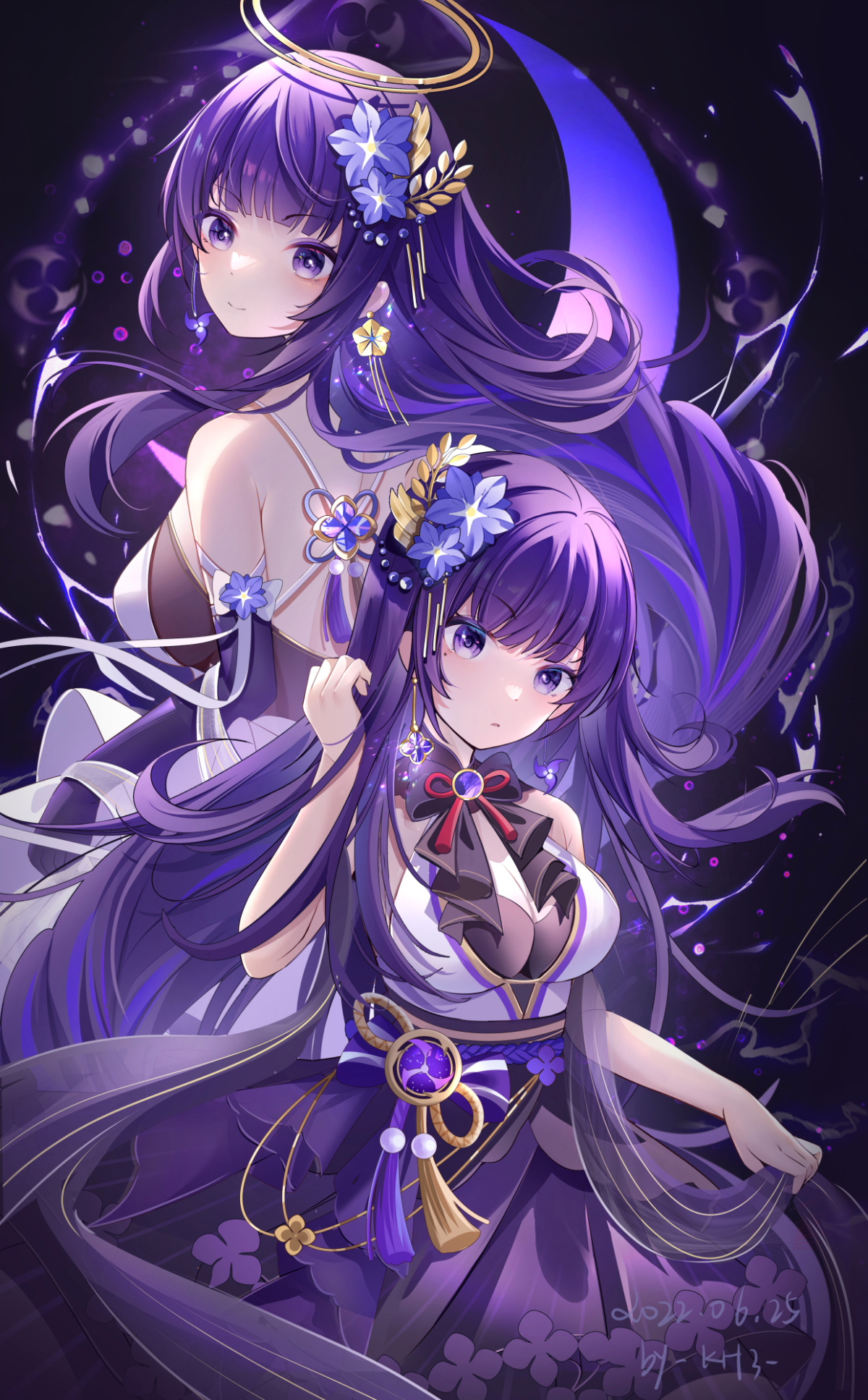 miaogujun, raiden shogun, genshin impact, commentary request, duplicate, highres, 2girls, alternate costume, alternate hairstyle, artist name, bare shoulders, blunt bangs, breasts, cleavage, closed mouth, dress, dual persona, earrings, electricity, evening gown, flower, hair down, hair flower, hair ornament, halo, head tilt, huge breasts, jewelry, large breasts, long hair, mitsudomoe (shape), mole, mole under eye, multicolored hair, multiple girls, neck ribbon, parted lips, pendant, pout, powering up, purple background, purple dress, purple eyes, purple flower, purple hair, red ribbon, ribbon, sleeveless, sleeveless dress, streaked hair, tomoe (symbol), upper body, white dress