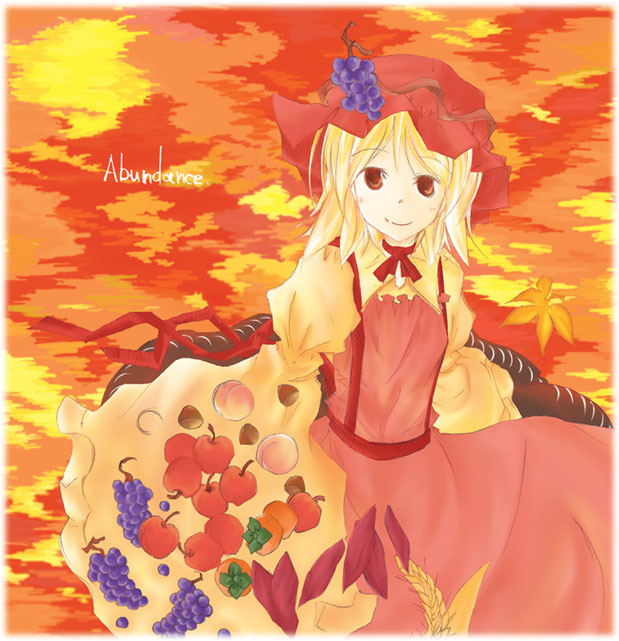 uri uri, aki minoriko, touhou, 1girl, blonde hair, cowboy shot, dress, female focus, floral print, food, frills, fruit, grapes, hat, looking at viewer, mob cap, puffy short sleeves, puffy sleeves, red dress, red eyes, red ribbon, ribbon, short hair, short sleeves, solo