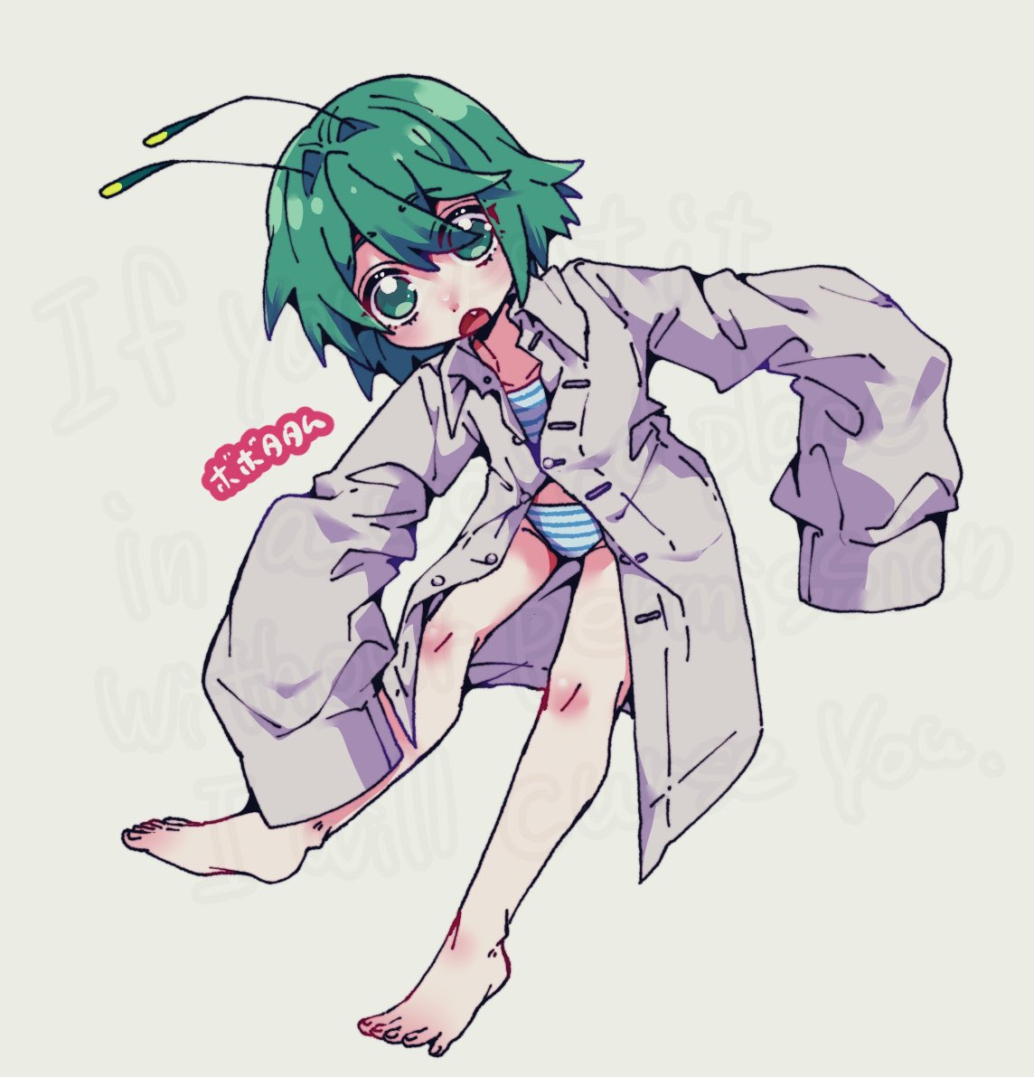 bobotatamu, wriggle nightbug, touhou, commentary request, 1girl, antennae, barefoot, bikini, bikini under clothes, blue bikini, collared shirt, fang, flat chest, full body, green eyes, green hair, grey background, grey shirt, hair intakes, long sleeves, looking at viewer, no pants, open mouth, oversized clothes, oversized shirt, shirt, short hair, simple background, solo, striped bikini, striped clothes, swimsuit