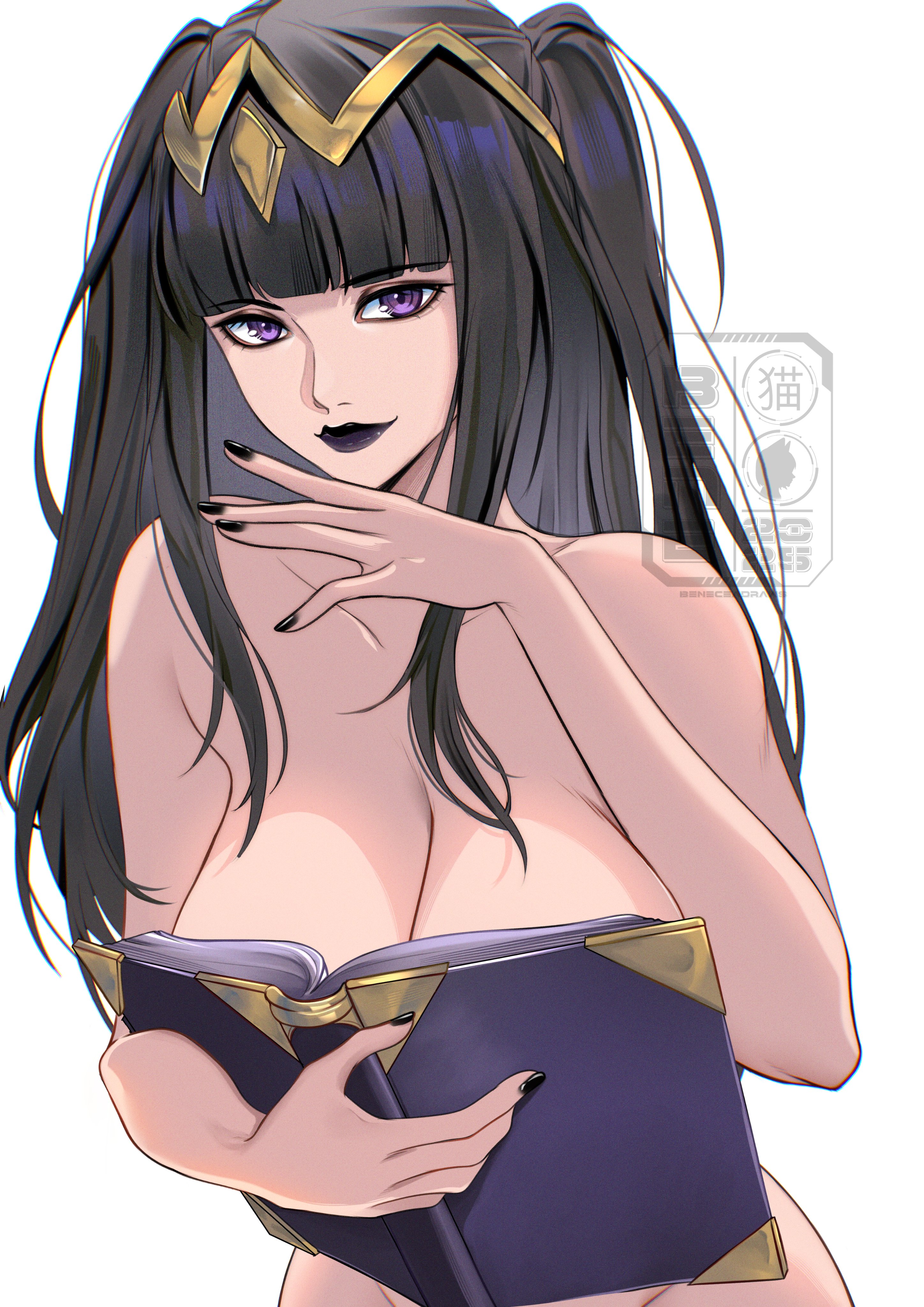 beneceadraws, tharja (fire emblem), fire emblem, fire emblem awakening, nintendo, absurdres, commentary, english commentary, highres, 1girl, black hair, black lips, black nails, blunt bangs, boobs in book (meme), book, book on breasts, breasts, closed mouth, covering breasts, covering privates, fingernails, holding, holding book, jewelry, large breasts, lips, lipstick, long hair, makeup, meme, nude, open book, purple eyes, simple background, smile, solo, tiara, two side up, white background