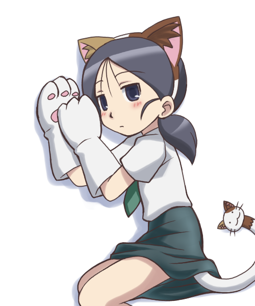 kuga kokage, sketchbook full colors, 00s, 1girl, animal ears, animal hands, black hair, blush, cat ears, cat paws, female focus, gloves, lying, mittens, necktie, on side, paw gloves, ponytail, school uniform, serafuku, solo