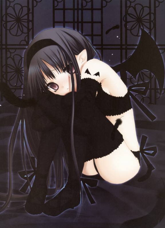 1girl, blush, demon, female focus, long hair, ribbon, sad, solo, tears, thighhighs, wings