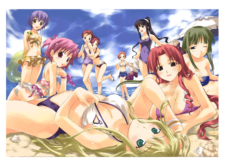 fujima takuya, asakura kazumi, izumi ako, kasuga misora, murakami natsumi (negima), naba chizuru, nagase kaede, ookouchi akira, sasaki makie, yukihiro ayaka, mahou sensei negima!, 00s, 6+girls, asymmetrical hair, beach, bikini, blonde hair, breasts, cleavage, day, everyone, frilled bikini, frills, grabbing another's breast, groping, medium breasts, multiple girls, one-piece swimsuit, outdoors, school swimsuit, small breasts, swimsuit