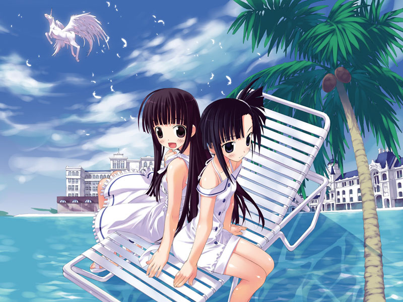 fujima takuya, konoe konoka, sakurazaki setsuna, mahou sensei negima!, 00s, 2girls, back-to-back, beach, chair, day, dress, lounge chair, multiple girls, outdoors, palm tree, pegasus, ponytail, side ponytail, sitting, tree, unicorn, water