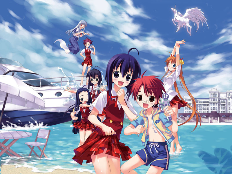 fujima takuya, aisaka sayo, asakura kazumi, ayase yue, kagurazaka asuna, miyazaki nodoka, negi springfield, saotome haruna, mahou sensei negima!, 00s, 1boy, 6+girls, barefoot, beach, bell, day, everyone, ghost, hair bell, hair ornament, multiple girls, pegasus, plaid clothes, plaid skirt, school uniform, serafuku, skirt, teenage girl and younger boy, unicorn