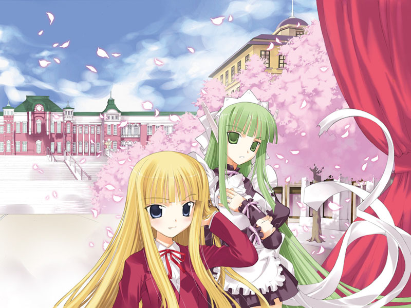 fujima takuya, evangeline a.k. mcdowell, karakuri chachamaru, mahou sensei negima!, 00s, blonde hair, blue eyes, cherry blossoms, dated, doll joints, green eyes, green hair, joints, long hair, maid, outdoors, robot ears, school uniform, serafuku, vampire, very long hair