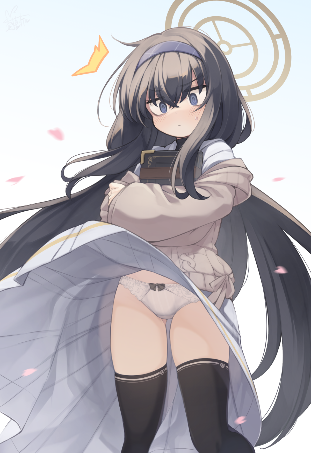 natsuki teru, ui (blue archive), blue archive, highres, 1girl, @ @, ^^^, black bow, black hair, black thighhighs, blue eyes, blue hairband, blush, book, bow, bow panties, brown cardigan, brown halo, cardigan, closed mouth, clothes lift, crossed bangs, falling petals, feet out of frame, floating hair, hair between eyes, hairband, halo, hugging object, long hair, long skirt, long sleeves, looking at viewer, low twintails, panties, petals, pleated skirt, puffy long sleeves, puffy sleeves, shirt, sidelocks, simple background, skirt, skirt lift, sleeves past wrists, solo, standing, standing on one leg, surprised, sweat, thighhighs, thighs, twintails, underwear, v-shaped eyebrows, very long hair, white background, white panties, white shirt, white skirt, wind, wind lift
