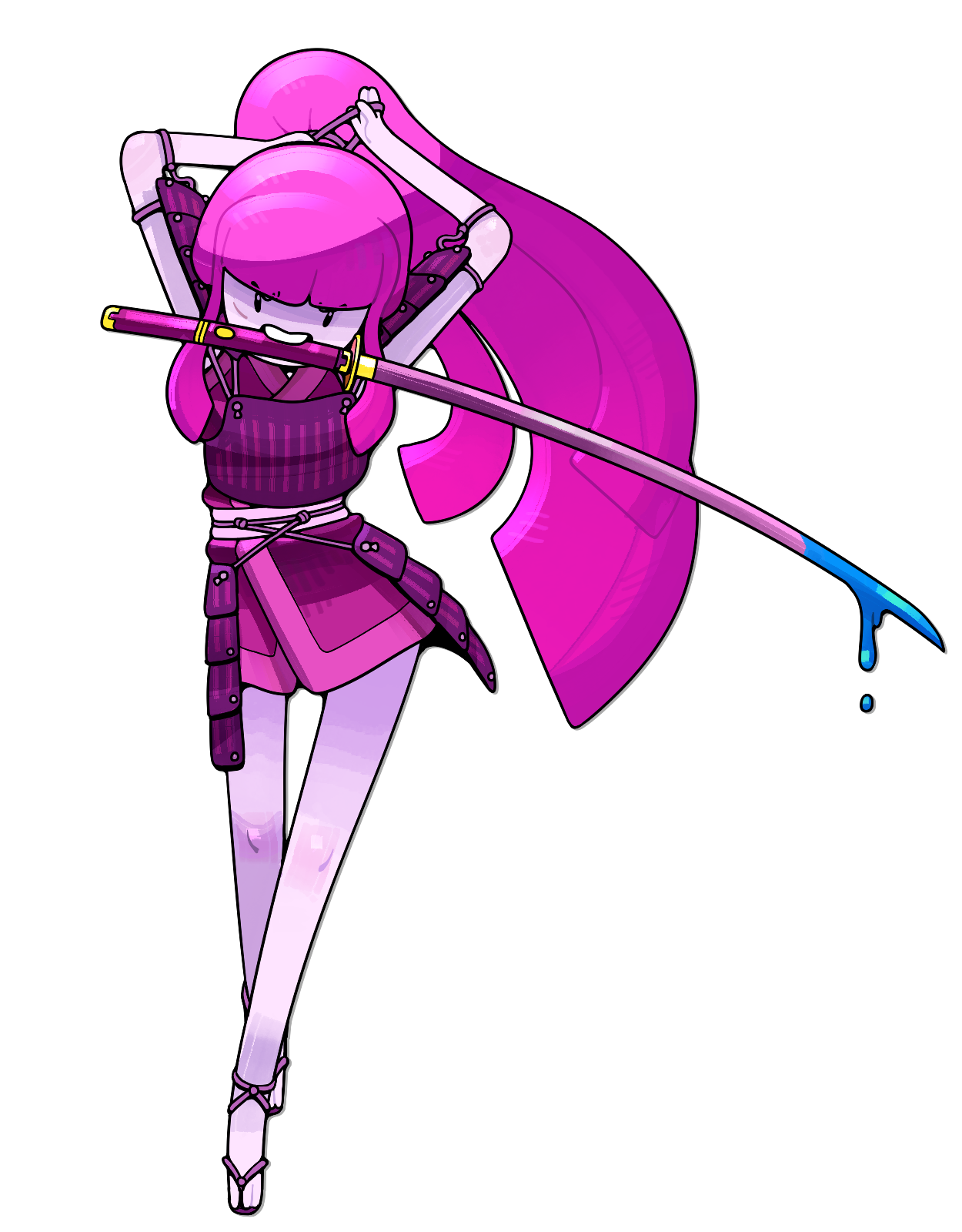 discount-supervillain, princess bonnibel bubblegum, adventure time, highres, alternate costume, armor, blunt bangs, colored skin, full body, japanese armor, katana, long hair, pink hair, pink skin, ponytail, sandals, standing, sword, sword in mouth, teeth, toon (style), very long hair, weapon