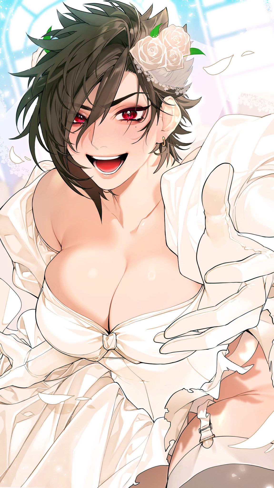 shishamo 712, warrior of light (ff14), final fantasy, final fantasy xiv, commentary request, highres, 1girl, black hair, breasts, bride, cleavage, dress, earrings, falling petals, flower, garter straps, gloves, hair flower, hair ornament, hyur, jewelry, large breasts, looking at viewer, open mouth, outstretched arm, petals, pink flower, pink rose, reaching, reaching towards viewer, red eyes, ring, rose, rose petals, short hair, smile, solo, thighhighs, wedding ring, white dress, white gloves