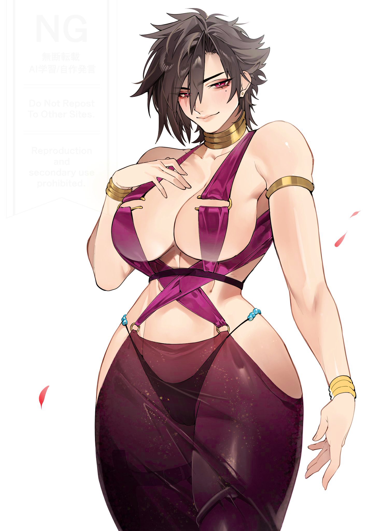 shishamo 712, warrior of light (ff14), final fantasy, final fantasy xiv, commentary, highres, symbol-only commentary, 1girl, armlet, black panties, breasts, closed mouth, cowboy shot, dancer, earrings, falling petals, hair between eyes, hand on own chest, highleg, highleg panties, hyur, jewelry, large breasts, light blush, looking at viewer, mole, mole under eye, neck ring, panties, petals, pink eyes, revealing clothes, see-through clothes, short hair, skindentation, smile, solo, standing, string panties, stud earrings, underwear