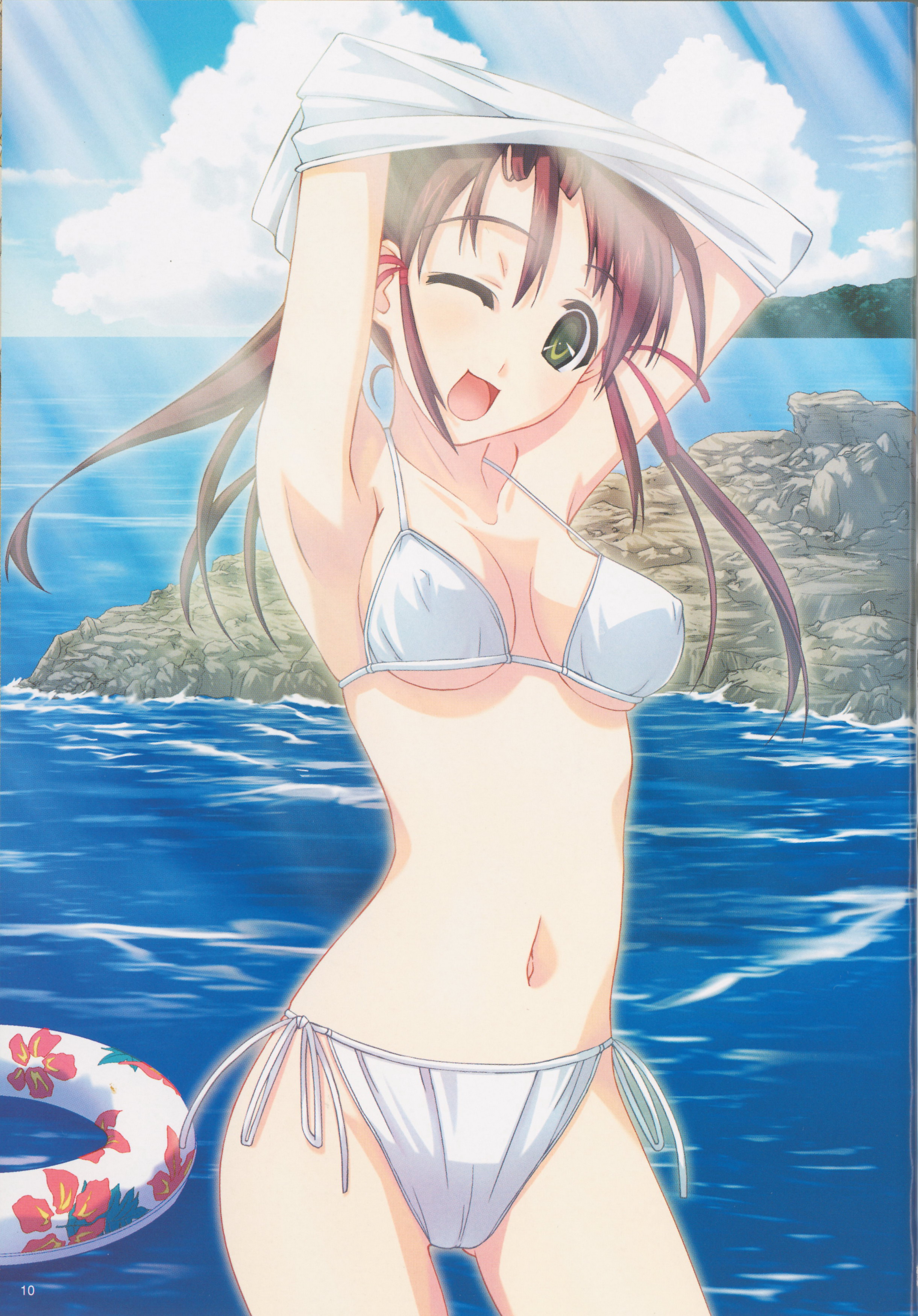 murakami suigun, absurdres, highres, 1girl, beach, bikini, blush, day, female focus, green eyes, innertube, one eye closed, outdoors, red hair, side-tie bikini bottom, sky, solo, swim ring, swimsuit, undressing, white bikini, wink