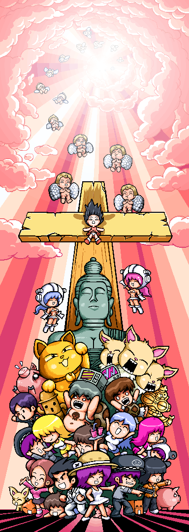 paul robertson, buddha, kings of power 4 billion %, original, long image, tall image, angel, cat, chibi, cloud, cross, everyone, helmet, maneki-neko, pig, pixel art, sky, wings