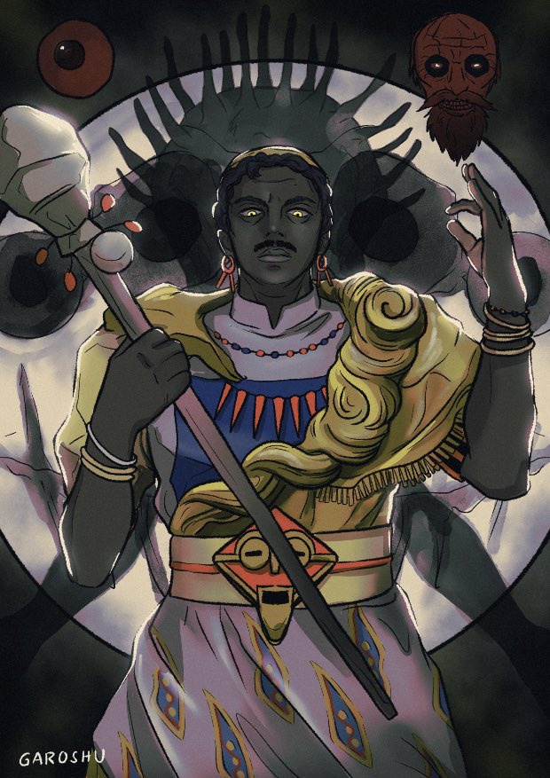 garoshu art, mastermind (fear & hunger), nas'hrah (fear & hunger), o'saa (fear & hunger), rher (fear & hunger), fear & hunger (series), fear & hunger 2: termina, commentary, 2boys, african clothes, artist name, bead necklace, beads, beard, black hair, bracelet, closed mouth, cowboy shot, dark-skinned male, dark background, dark skin, disembodied head, earrings, facial hair, full beard, hand up, hat, holding, holding staff, jewelry, lips, looking at viewer, male focus, multiple boys, multiple bracelets, mustache, necklace, solo focus, staff, yellow eyes, yellow hat