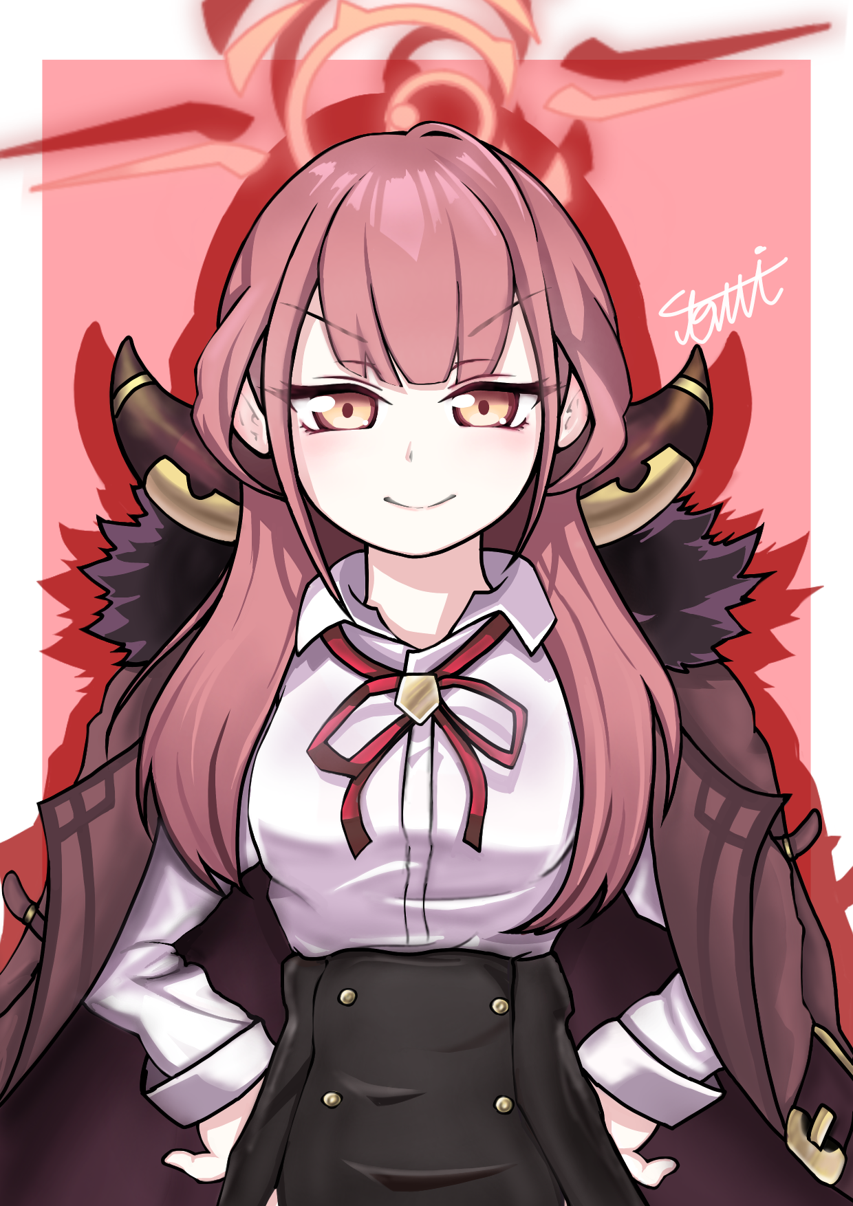 tomimon, aru (blue archive), blue archive, commentary request, highres, >:), 1girl, black skirt, blush, border, brown eyes, brown hair, brown jacket, closed mouth, collared shirt, dress shirt, drop shadow, fur-trimmed jacket, fur trim, halo, hands on own hips, high-waist skirt, horns, jacket, jacket on shoulders, neck ribbon, pink background, red ribbon, ribbon, shirt, signature, skirt, smile, solo, v-shaped eyebrows, white border, white shirt
