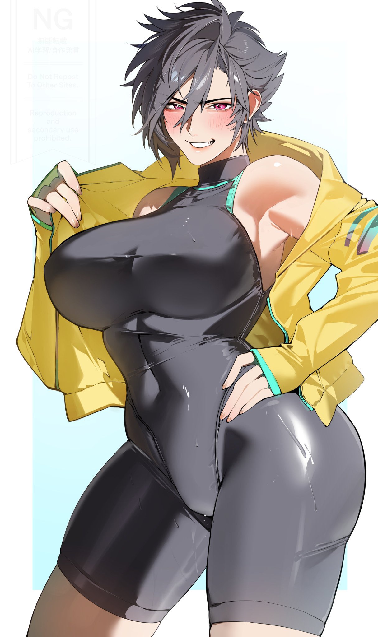 shishamo 712, warrior of light (ff14), final fantasy, final fantasy xiv, highres, 1girl, black hair, black unitard, blush, border, breasts, contrapposto, covered navel, cowboy shot, fading border, grin, hair between eyes, hand on own hip, hyur, jacket, large breasts, long sleeves, looking at viewer, mole, mole under eye, open clothes, open jacket, outside border, pink eyes, shiny clothes, short hair, sidelighting, sleeves past wrists, smile, solo, standing, unitard, white border, yellow jacket