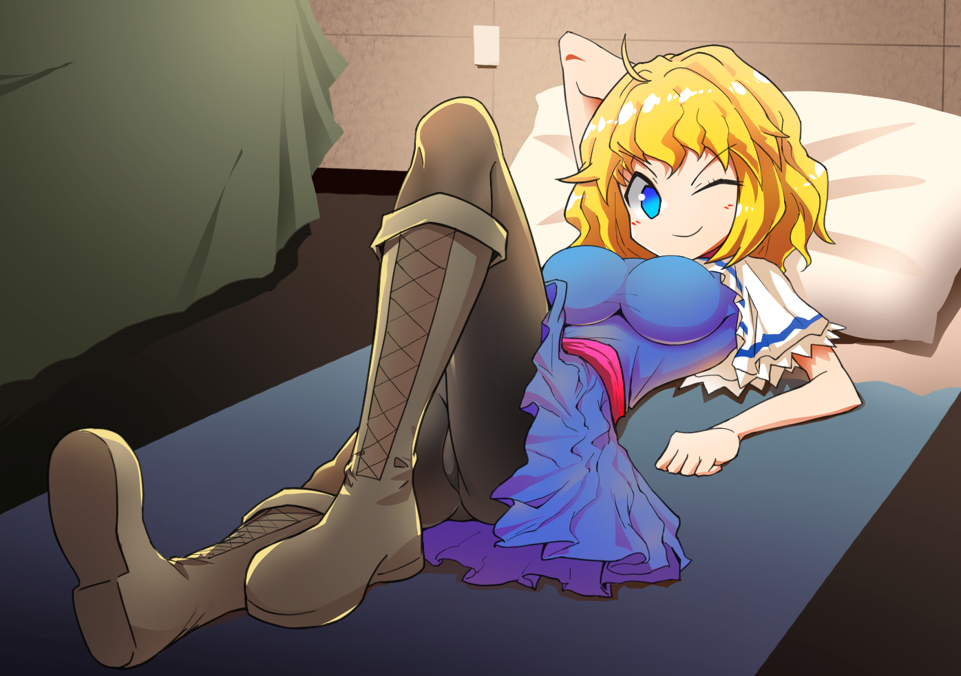 lurkerlurker, alice margatroid, web (cookie), cookie (touhou), touhou, commentary, 1girl, arm behind head, arm up, black pantyhose, blonde hair, blue dress, blue eyes, boots, breasts, capelet, closed mouth, dress, full body, grey boots, looking at viewer, lying, medium breasts, on back, one eye closed, pantyhose, pillow, red sash, sash, short hair, smile, solo, white capelet