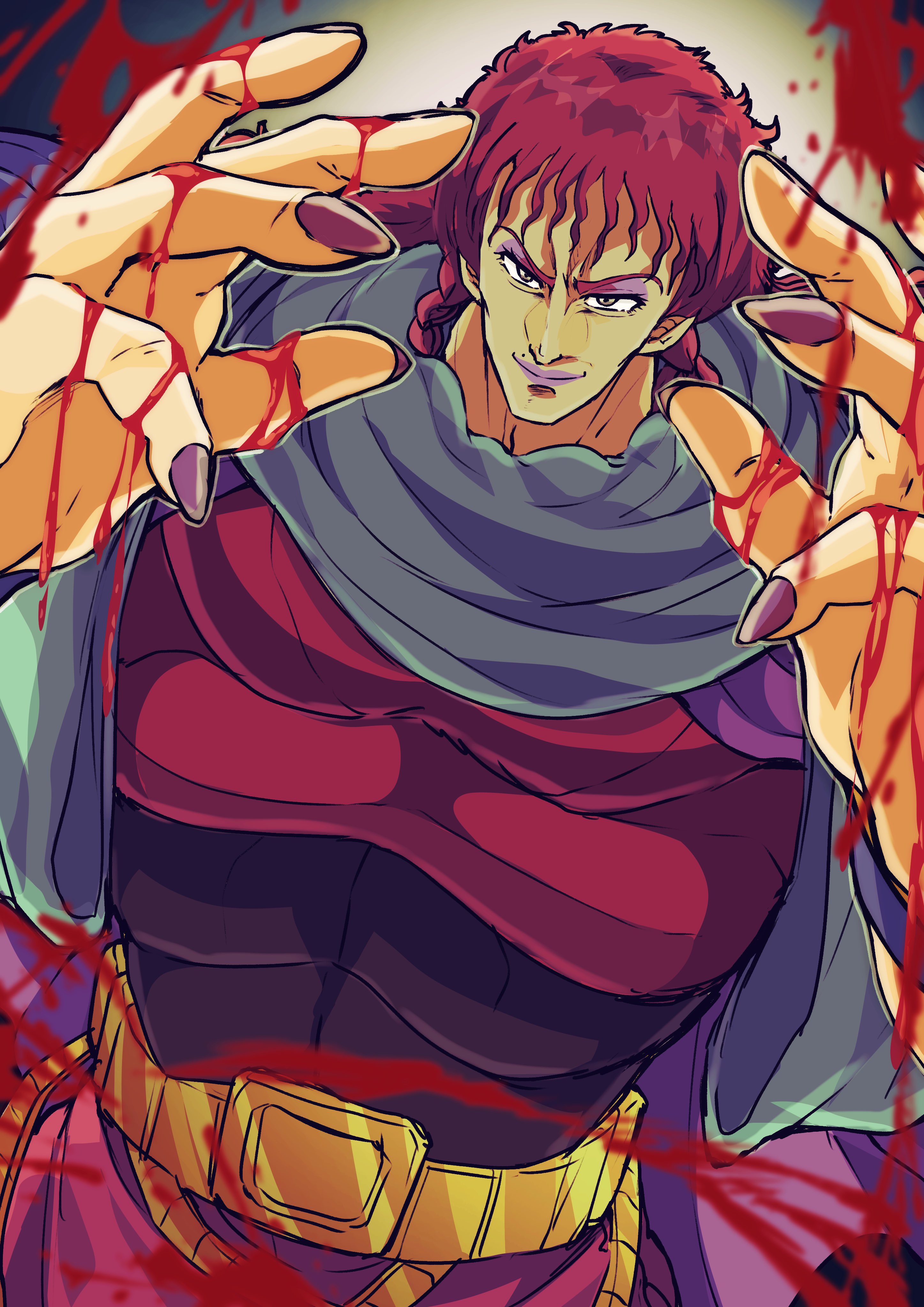 otyumamii, yuda (hokuto no ken), hokuto no ken, absurdres, commentary request, highres, 1boy, androgynous, armor, belt, blood, blood on hands, blood splatter, blurry, braid, cape, depth of field, eyeshadow, floating cape, grey cape, grey eyes, long hair, looking at viewer, low twin braids, makeup, male focus, muscular, muscular male, purple cape, purple eyeshadow, purple lips, purple nails, red armor, red hair, solo, twin braids, two-sided cape, two-sided fabric
