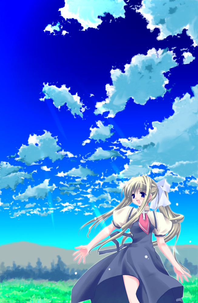 kamio misuzu, air (visual novel), 00s, blonde hair, blue eyes, cloud, day, hair ribbon, long hair, ponytail, ribbon, school uniform, serafuku, sky, solo