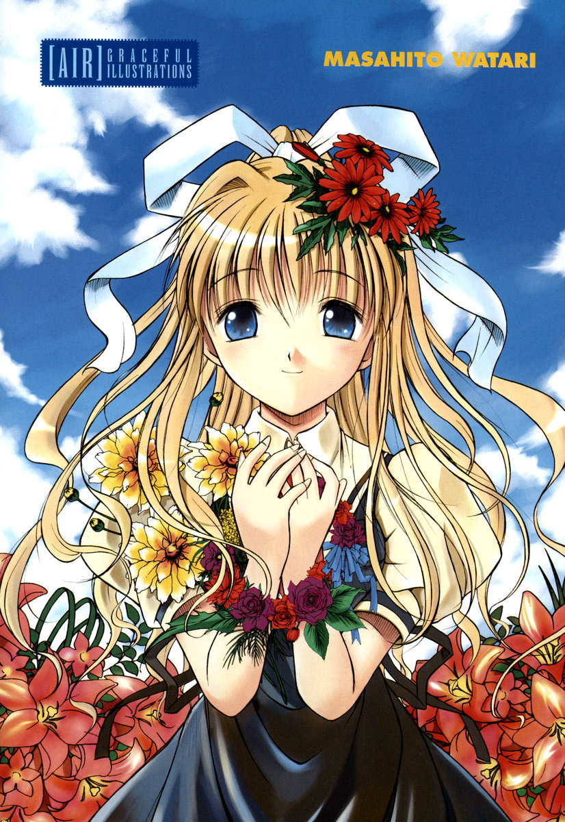 kamio misuzu, air (visual novel), highres, 00s, blonde hair, blue eyes, flower, hair ribbon, long hair, ribbon, school uniform, serafuku, solo