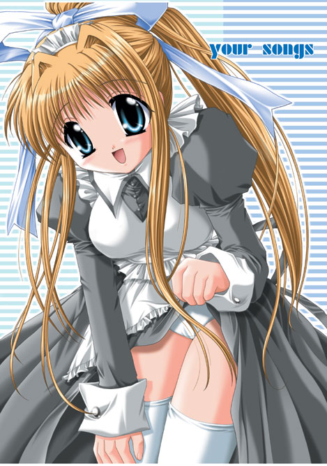 kamio misuzu, air (visual novel), 00s, blonde hair, blue eyes, clothes lift, hair ribbon, long hair, maid, panties, pantyshot, ribbon, skirt, skirt lift, thighhighs, underwear, very long hair