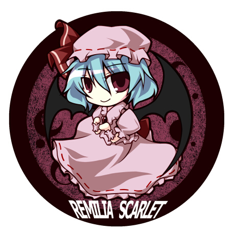 take tonbo, remilia scarlet, touhou, lowres, 1girl, bat wings, character name, chibi, female focus, solo, wings