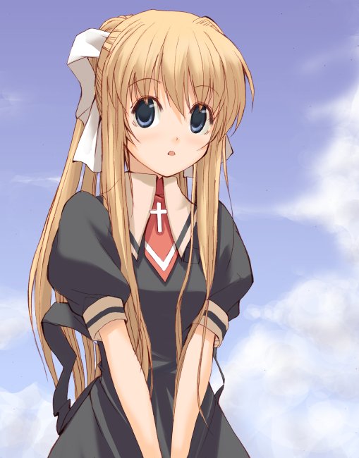 luna (reclaimed land), kamio misuzu, air (visual novel), 00s, blonde hair, blue eyes, hair ribbon, long hair, ribbon, school uniform, serafuku, solo