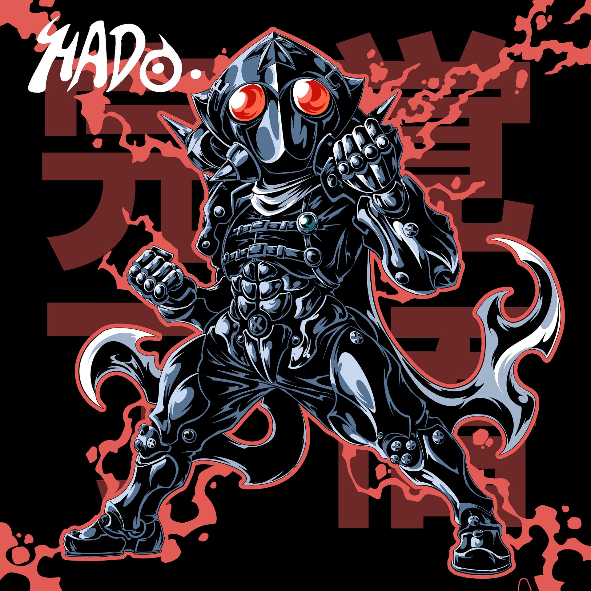 kakugo no susume, 1boy, armor, aura, black armor, clenched hand, hali82252270, power armor, red eyes, reflective clothes, scarf, spikes, strap, text background, white scarf, 哈多扩路