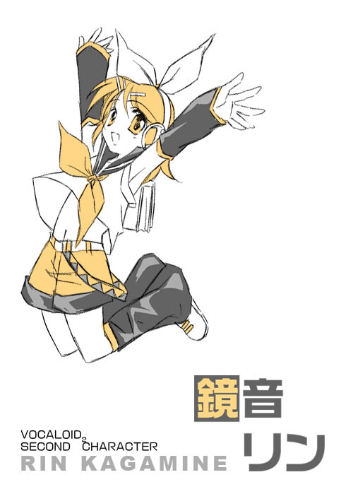 rei (artist), rei (rei's room), kagamine rin, vocaloid, 1girl, armpits, arms up, belt, blonde hair, bow, detached sleeves, female focus, hair ornament, hairclip, headphones, jumping, outstretched arms, shirt, shoes, short hair, shorts, sleeveless, sleeveless shirt, solo, yellow eyes