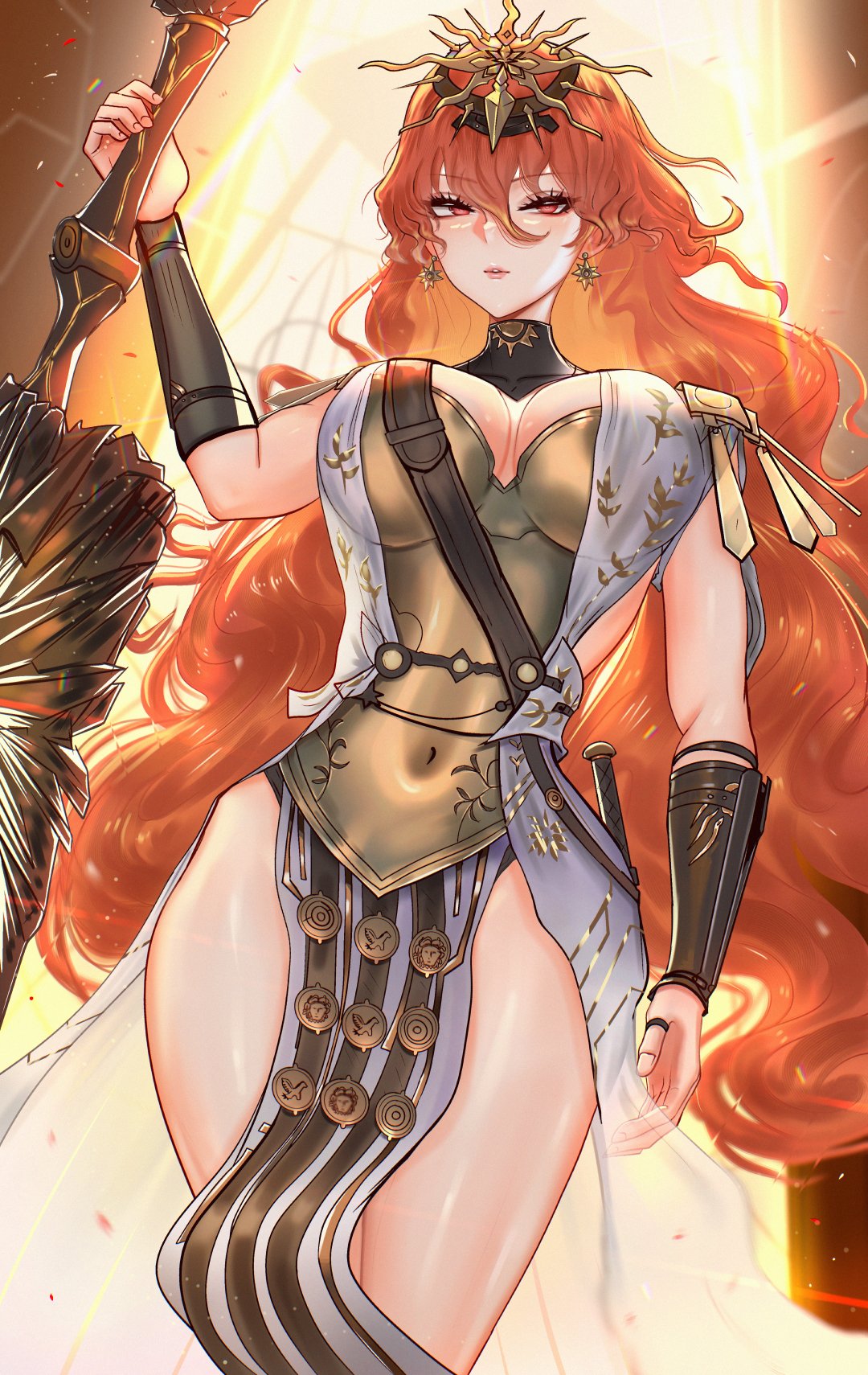 mcdobo, augusta (wuthering waves), wuthering waves, commentary, highres, 1girl, ancient greek clothes, arm armor, armor, black collar, breastplate, breasts, collar, covered navel, cowboy shot, dress, earrings, greatsword, greco-roman clothes, hair between eyes, headgear, holding, holding sword, holding weapon, jewelry, large breasts, long hair, looking at viewer, orange hair, parted lips, red eyes, sheath, solo, sun earrings, sword, thighs, weapon, white dress