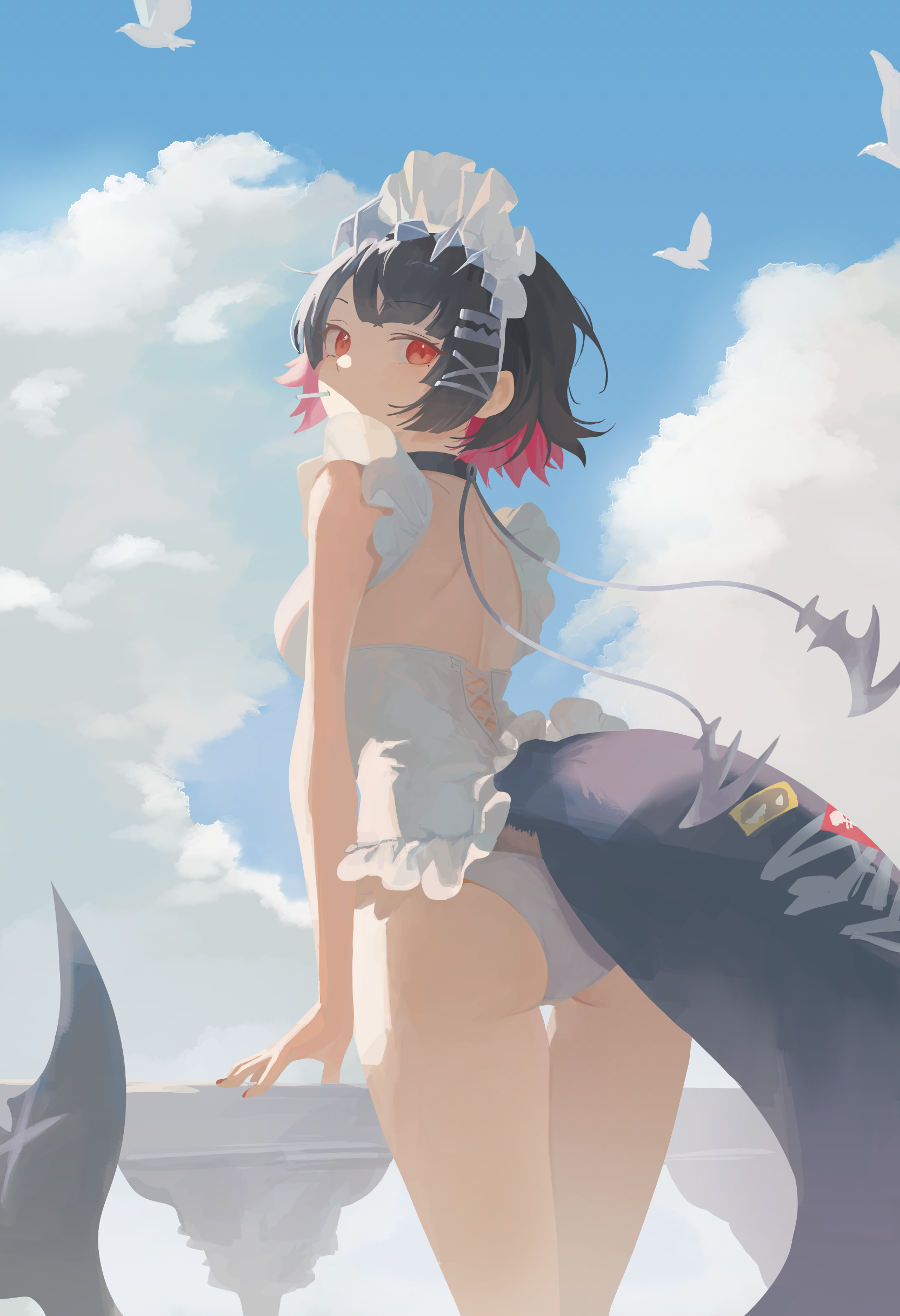 nbee ya, ellen joe, zenless zone zero, absurdres, highres, 1girl, apron, ass, bird, black choker, black hair, breasts, candy, choker, colored inner hair, fins, fish tail, food, from behind, lollipop, lollipop in mouth, looking at viewer, maid apron, maid headdress, mole, mole under eye, multicolored hair, nearly naked apron, panties, pink hair, razor blade hair ornament, red eyes, red nails, shark girl, shark tail, short hair, sky, solo, tail, two-tone hair, underwear, white panties