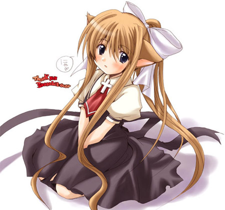kamio misuzu, air (visual novel), lowres, 00s, animal ears, blonde hair, cat ears, cross, hair ribbon, latin cross, long hair, ribbon, school uniform, serafuku, sitting, solo, speech bubble, thank you, very long hair, white background