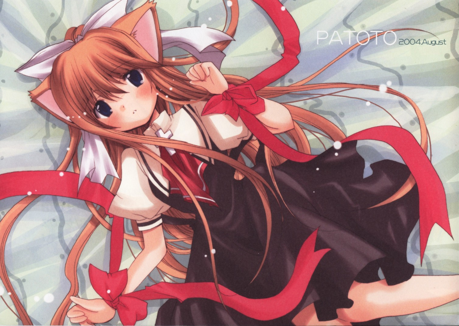 kamio misuzu, air (visual novel), 00s, animal ears, blonde hair, blue eyes, cat ears, cross, hair ribbon, latin cross, long hair, ribbon, school uniform, serafuku, very long hair