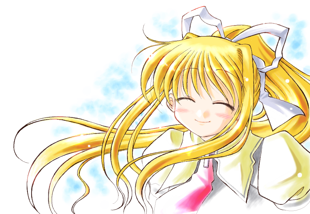 kamio misuzu, air (visual novel), 00s, ^ ^, blonde hair, closed eyes, hair ribbon, long hair, ribbon, school uniform, serafuku, solo
