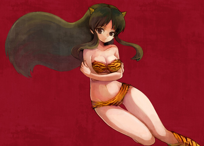 yonko, lum, urusei yatsura, 1girl, animal print, breasts, breasts squeezed together, cleavage, cone horns, female focus, horns, large breasts, simple background, solo, striped horns, tiger print