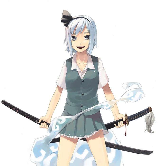 itsutsu, konpaku youmu, konpaku youmu (ghost), touhou, 1girl, female focus, hairband, hitodama, katana, sheath, sheathed, short hair, solo, sword, thighs, weapon