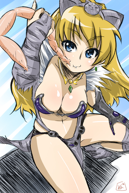 nukunuku, captain of the royal guard elina, elina (queen's blade), queen's blade, 00s, 1girl, animal ears, armor, bikini armor, breasts, cat ears, cat girl, cleavage, eating, female focus, large breasts, solo