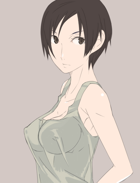 ghost-q, 1girl, breasts, cleavage, covered erect nipples, female focus, short hair, simple background, solo