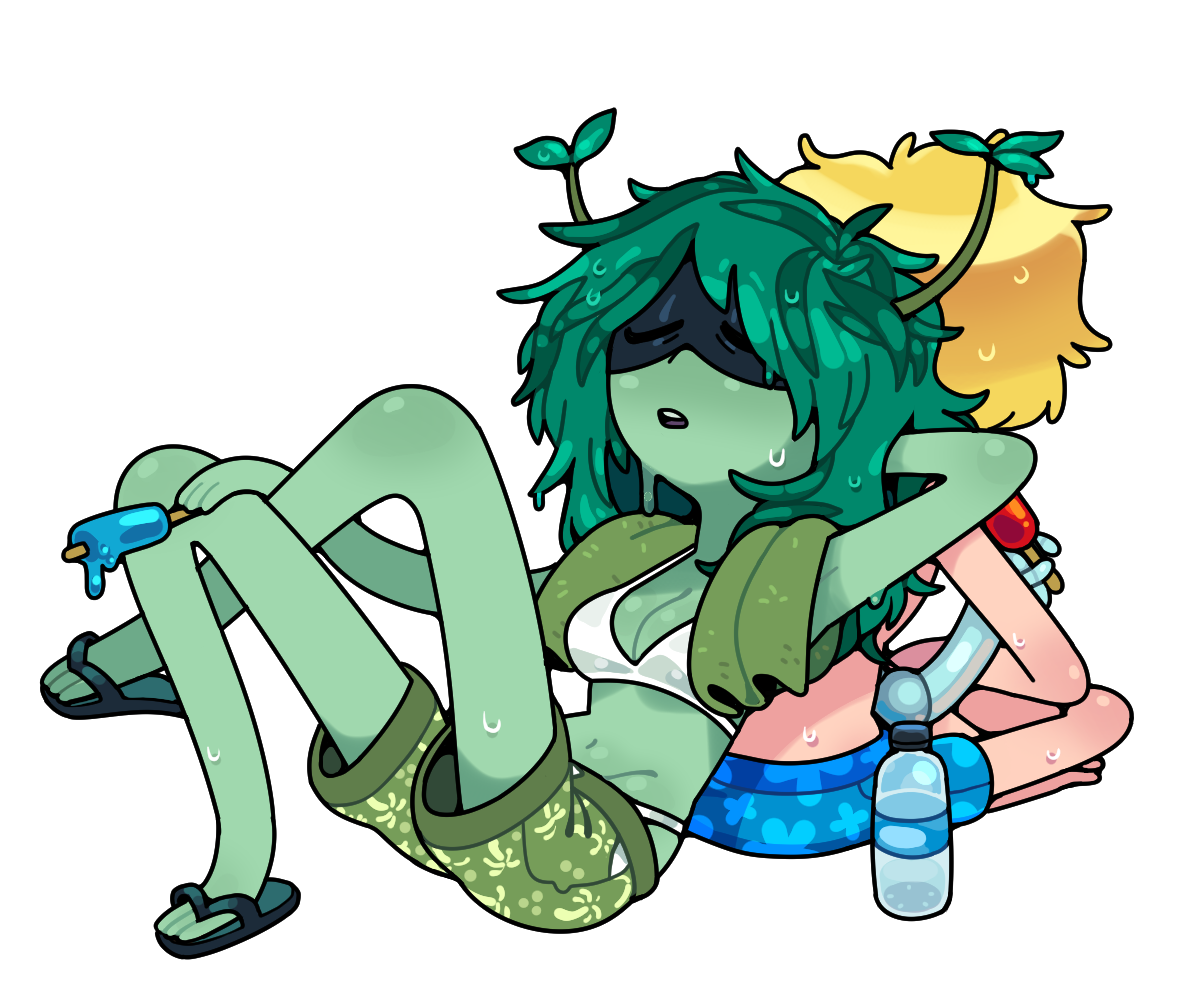 discount-supervillain, finn the human, huntress wizard, adventure time, 1boy, 1girl, bikini, blonde hair, breasts, colored skin, domino mask, green hair, green skin, hair branch, horns, leaf, mask, plant hair, simple background, sweat, swimsuit, toon (style), wet, wet hair
