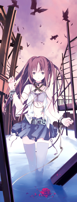 original, 1girl, belt, bird, choker, collar, construction site, female focus, flower, grey eyes, long hair, midriff, open clothes, open shirt, outdoors, purple hair, rose, shirt, skirt, sky, solo, thighhighs, wading, water, zettai ryouiki
