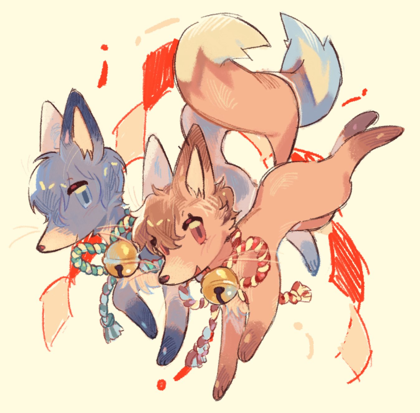 shiomi kotone, yuuki makoto (persona 3), persona, persona 3, persona 3 portable, commentary request, highres, animal, animal focus, animalization, bell, blue eyes, closed mouth, fox, full body, jingle bell, looking at viewer, neck bell, open mouth, red eyes, simple background, smile, xikq0py, yellow background
