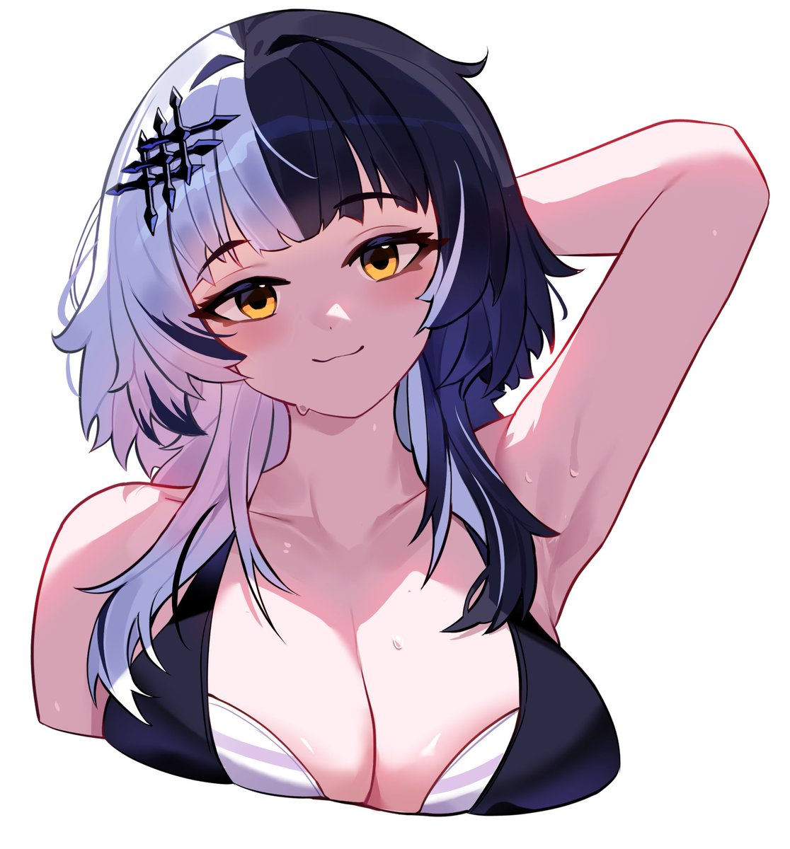 clulless, shiori novella, hololive, hololive english, highres, 1girl, arm up, black hair, breasts, cleavage, closed mouth, grey hair, large breasts, looking at viewer, multicolored hair, simple background, smile, solo, split-color hair, sweat, two-tone hair, white background, yellow eyes
